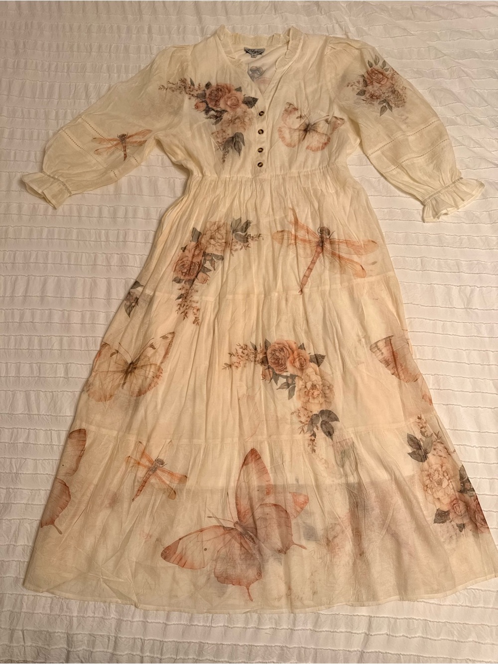 Reworked Polagram Cream Maxi Dress with Peach Floral & Butterfly Print Size L